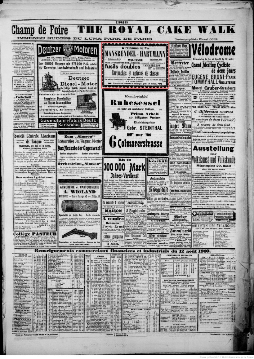Journal L'Express de Mulhouse du 13 août 1910 (p.4) : fusils doubles, cartouches et articles de chasse.